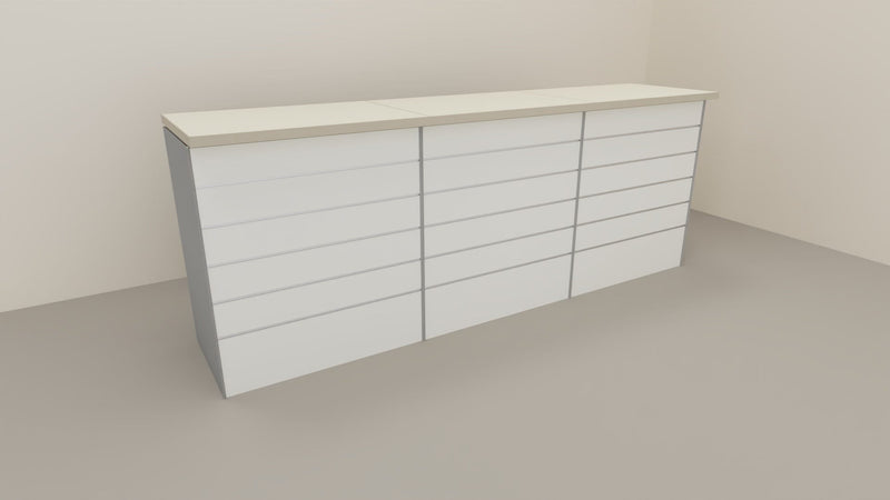 Bancone vendita per negozio con pannello dogato anteriore cm. 276x64x106h