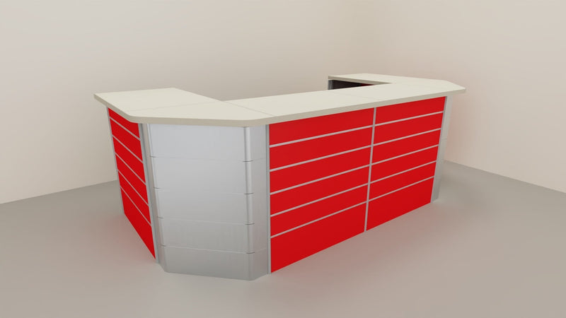 Banco vendita angolare con pannello dogato frontale da negozio abbigliamento cm. 312x156x106h
