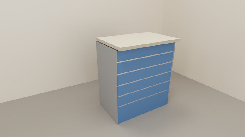 Banco vendita angolare con pannello dogato frontale da negozio abbigliamento cm. 312x156x106h