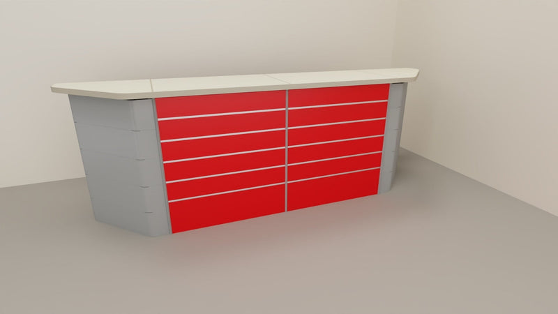 Banco cassa espositivo da negozio con pannello dogato cm. 368x64x106h