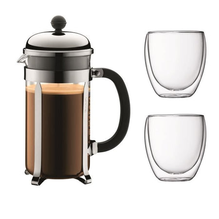 BODUM CHAMBORD Set da caffè a pistone - 8 tazze - 1L - Grigio - Con 2 bicchieri a doppia faccia Pavina 0,35l