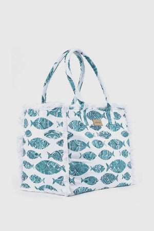Borsa mare in cotone stampa pesci | Verde Fashion