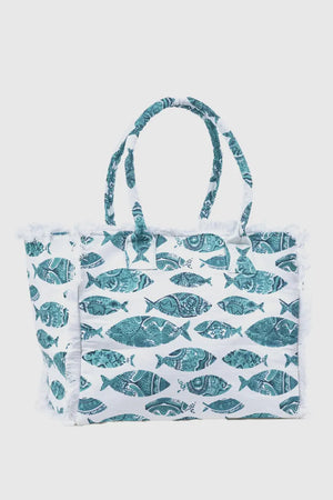 Borsa mare in cotone stampa pesci | Verde Fashion