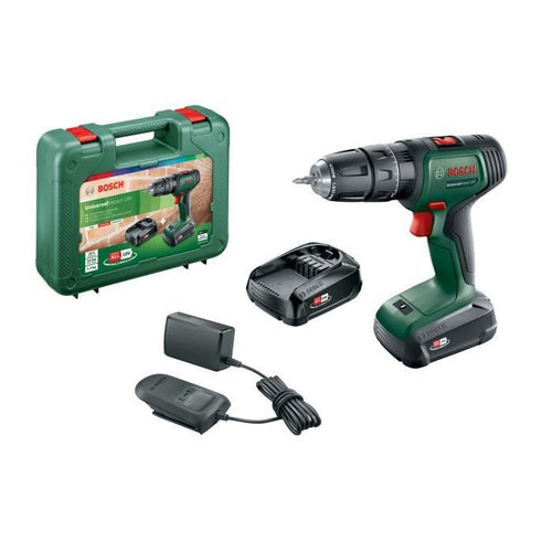 Trapano avvitatore a percussione universale Bosch 18V + 2 batterie da 2,0 Ah e caricabatteria