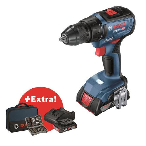 Trapano avvitatore Bosch Professional GSR 18V-50 + 2 batterie da 2,0 Ah + caricabatterie GAL 18V-20 + 43 accessori + borsa