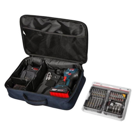 Trapano avvitatore Bosch Professional GSR 18V-50 + 2 batterie da 2,0 Ah + caricabatterie GAL 18V-20 + 43 accessori + borsa