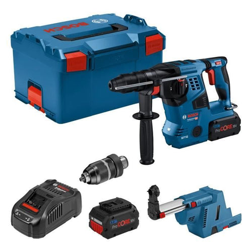 Martello perforatore Bosch Professional GBH 18V-28CF con aspiratore GDE 18V-16, 2 batterie ProCore 8.0Ah, caricabatterie, in Lboxx -