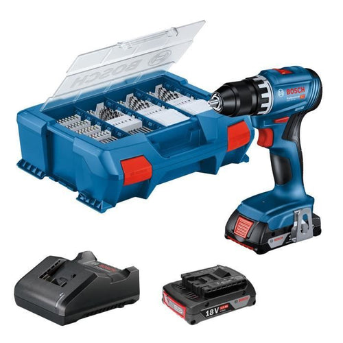 Trapano Bosch Professional GSR 18V ??trapano + 2 batterie 2.0AH + caricabatterie + 82 pezzi, in L-Case