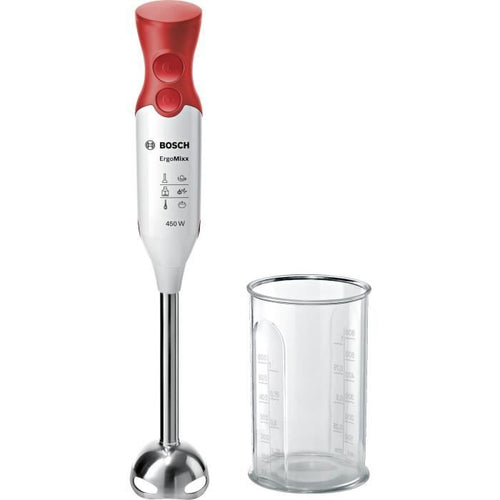 Frullatore a immersione BOSCH - 450 Watt - Frullatore a immersione in acciaio inossidabile - 4 lame affilate - 2 velocità - Ciotola graduata 600 ml - bianco / rosso