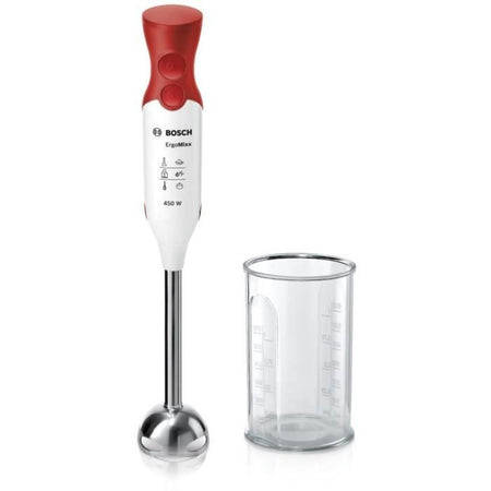 Frullatore a immersione BOSCH - 450 Watt - Frullatore a immersione in acciaio inossidabile - 4 lame affilate - 2 velocità - Ciotola graduata 600 ml - bianco / rosso