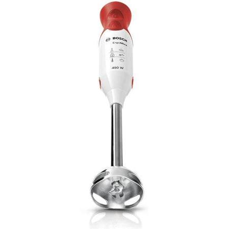 Frullatore a immersione BOSCH - 450 Watt - Frullatore a immersione in acciaio inossidabile - 4 lame affilate - 2 velocità - Ciotola graduata 600 ml - bianco / rosso