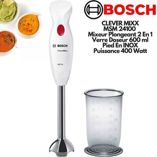 BOSCH MSM24100 - Frullatore a immersione CleverMixx - 400W - Piedino rimovibile in acciaio inossidabile - 1 velocità - Ciotola del frullatore - Bianco