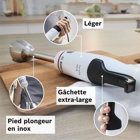 Frullatore a immersione - BOSCH - MSM4W221 - 600 W - 4 lame affilate - Ciotola - Mini tritatutto - Frusta - Ingranaggio in ceramica