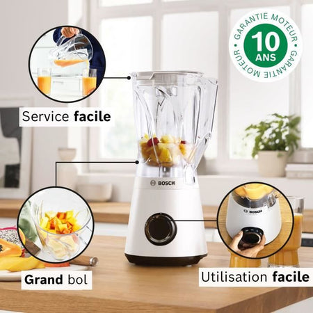 Frullatore VitaPower - BOSCH - MMB6141W - 1200 W - 30000 giri/min - 2 velocità + turbo - Ciotola da 2 L - 4 lame rimovibili - Bianco
