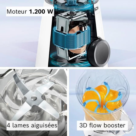 Frullatore VitaPower - BOSCH - MMB6141W - 1200 W - 30000 giri/min - 2 velocità + turbo - Ciotola da 2 L - 4 lame rimovibili - Bianco