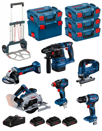 BOSCH Kit BK603 (GSB18V-45 +GDX18V-200 +GKS18V-57-2 +GST18V-125B +GBH18V-22 +GWS18V-7 + 3x4,0Ah PC +GAL18V-40 + 5xL-Boxx +carro)