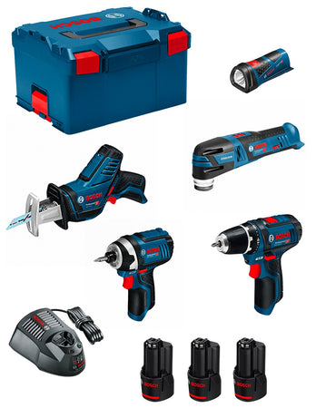 BOSCH Monster Kit Set K11 (GSR 12V-15 + GDR 12V-105 + GSA 12V-14 + GOP 12V-28 + GLI 12V-80 + 3x2,0 Ah + GAL1230CV + L-Boxx 238)