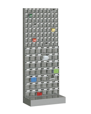 Scaffale a parete practibox con cassette portaminuteria di varia dimensione cm. 60x32,5x150h