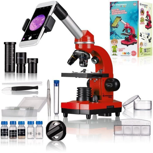 Microscopio per studenti BIOLUX SEL - BRESSER JUNIOR - ingrandimento 40x-1600x - kit di sperimentazione - rosso