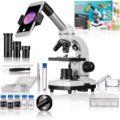 Microscopio Biolux SEL con sistema zoom - BRESSER JUNIOR - ingrandimento 40x-1600x - porta smartphone - scatola rigida bianca