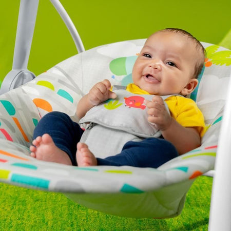 INIZI BRILLANTI Altalena portatile Playful Paradise, compatta e automatica con musica, dalla nascita