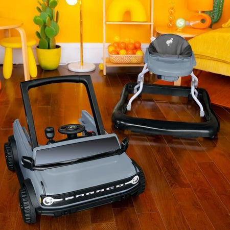 BRIGHT STARTS Centro attività e girello 4 in 1 Ford Bronco, Volante interattivo e rimovibile, Grigio, dai 6 mesi in su