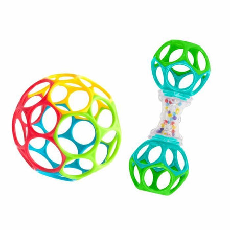 Set regalo per neonati BRIGHT STARS O'Ball con 2 giocattoli per neonati: un sonaglio e una classica palla O nei colori rosso, giallo, blu e verde.