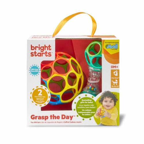 Set regalo per neonati BRIGHT STARS O'Ball con 2 giocattoli per neonati: un sonaglio e una classica palla O nei colori rosso, giallo, blu e verde.
