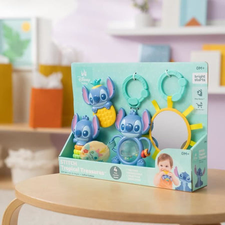 DISNEY BABY - STITCH - Set regalo nascita - 4 giocattoli per neonati, sonaglio, anello da dentizione, giocattoli multisensoriali