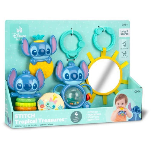 DISNEY BABY - STITCH - Set regalo nascita - 4 giocattoli per neonati, sonaglio, anello da dentizione, giocattoli multisensoriali