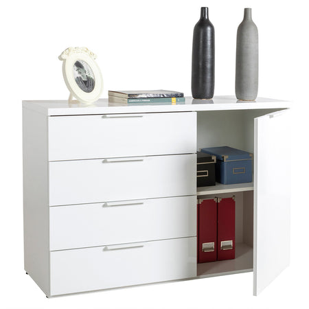 Cassettiera multiuso "Mundi" con 4 cassetti ed 1 anta Bianco Laccato h 82 cm