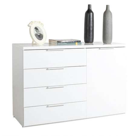 Cassettiera multiuso "Mundi" con 4 cassetti ed 1 anta Bianco Laccato h 82 cm