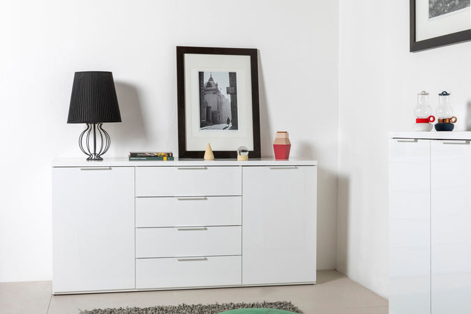 Cassettiera multiuso "Mundi" con 4 cassetti e 2 ante Bianco Laccato h 82 cm