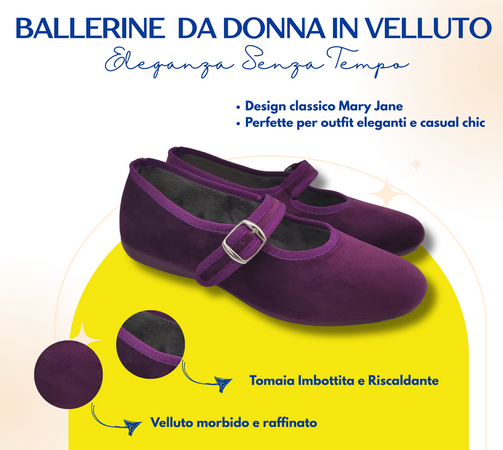 Originali Mary Jane, Ballerine Donna da Casa, Eleganti Friulane con Cinturino, Pantofole Basse in Velluto, Produzione Artigianale