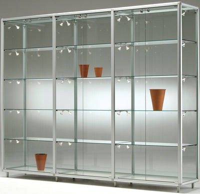Vetrina con telaio in alluminio anodizzato e ripiani regolabili da gioielleria cm. 291x42,5x184,5h