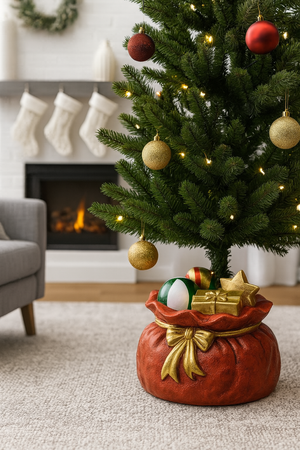 Base per albero di Natale sacco rosso in poliresina per decorazioni natalizie