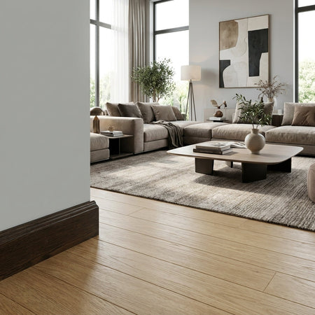 BATTISCOPA DUCALE in legno MASSELLO impiallacciato VERO LEGNO DI ROVERE T.NOCE SCURO  80x15 verniciato opaco poro aperto (prezzo al metro)