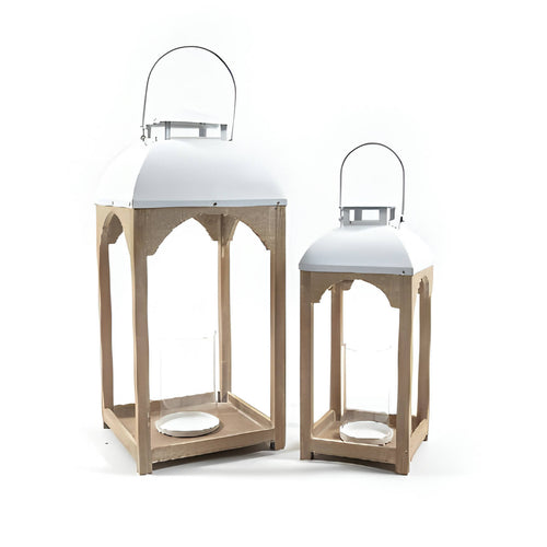 Lanterne decorative in legno e metallo, con bicchiere in vetro incluso, set da 2 pezzi