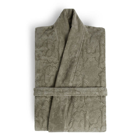 Accappatoio Roberto Cavalli Logo XXL grigio, in spugna di cotone, con cappuccio, tasche e cintura, minimal chic con logo tono su tono, Made in Italy.
