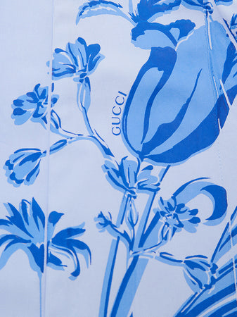 Gucci Camicia Kimono in Popeline di Cotone Azzurra con Stampa Fiori da donna