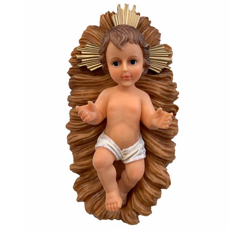 Gesù bambino con culla da 22 cm statua bambinello per natività presepe in poli resina