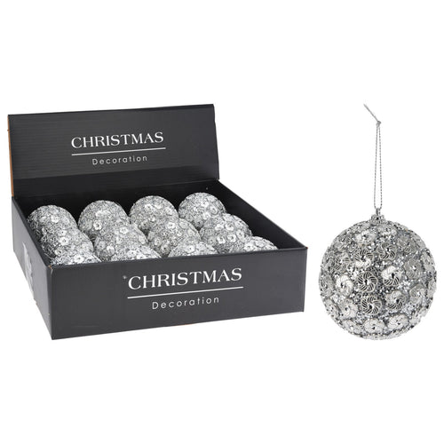 Palline per albero di Natale, in PV, con pailettes color argento, Ø 100 mm, 12 pezzi