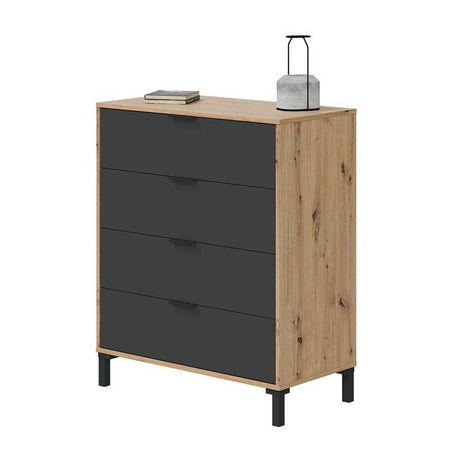 CALICOSY - Cassettiera 4 cassetti con decoro in rovere nodoso e grigio antracite - L77,5 cm - Legno chiaro