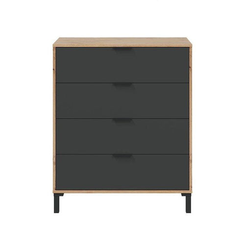 CALICOSY - Cassettiera 4 cassetti con decoro in rovere nodoso e grigio antracite - L77,5 cm - Legno chiaro