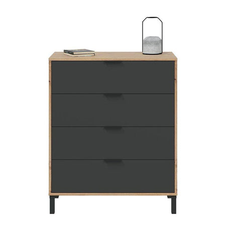 CALICOSY - Cassettiera 4 cassetti con decoro in rovere nodoso e grigio antracite - L77,5 cm - Legno chiaro