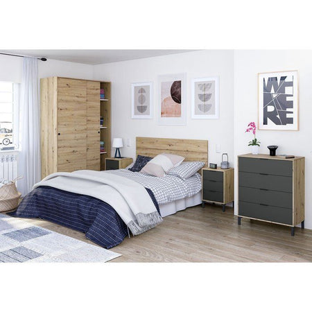 CALICOSY - Cassettiera 4 cassetti con decoro in rovere nodoso e grigio antracite - L77,5 cm - Legno chiaro