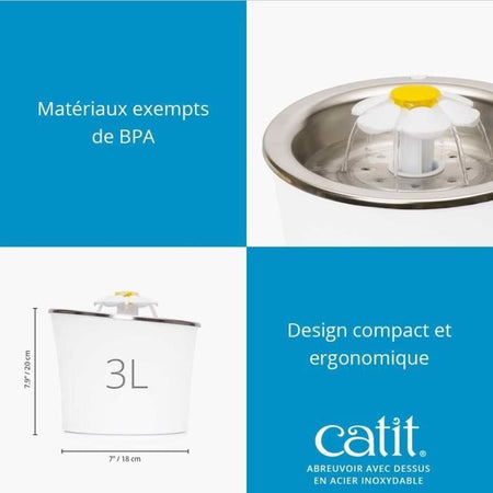 Fontanella per gatti Catit Flower - 3L - Parte superiore in acciaio inossidabile - Con LED - Bianco