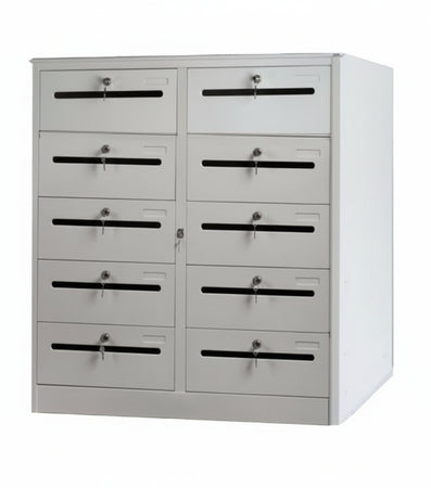 Cartelliera bassa metallica a 10 caselle con feritoia per ufficio cm. 90x35x106h