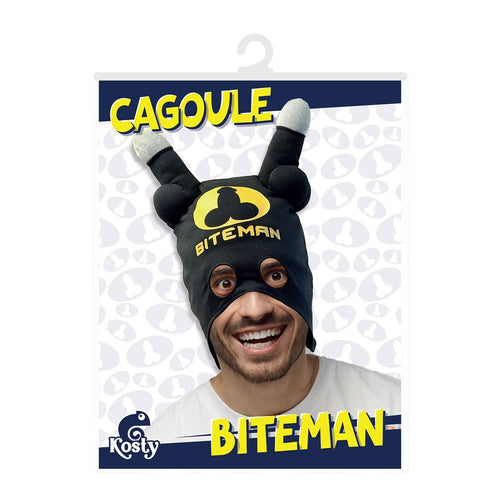 Maschera cappuccio passamontagna nero e giallo da Batman con due piselli morbidi per la festa hot di addio al celibato nubilato sexy gadget per adulti 18+