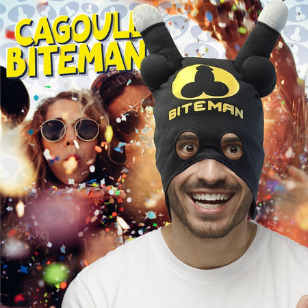 Maschera cappuccio passamontagna nero e giallo da Batman con due piselli morbidi per la festa hot di addio al celibato nubilato sexy gadget per adulti 18+